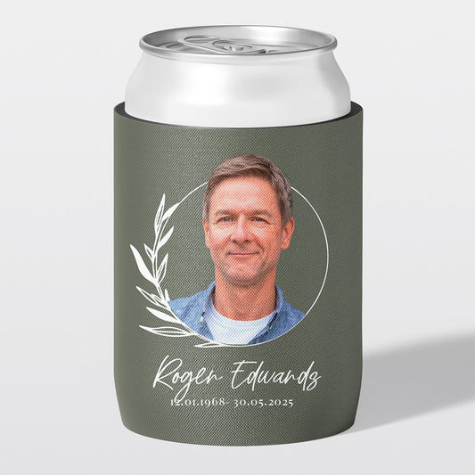 Personalised funeral stubby holder, Laurel Frame design, memorial can cooler, The Cheers Co Australia