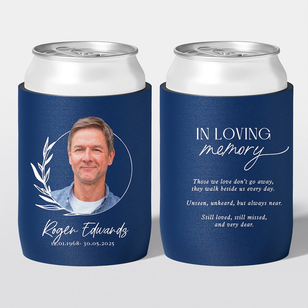 Personalised funeral stubby holder, Laurel Frame design, memorial can cooler, The Cheers Co Australia