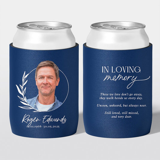 Personalised funeral stubby holder, Laurel Frame design, memorial can cooler, The Cheers Co Australia