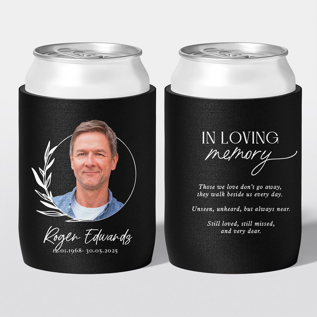 Personalised funeral stubby holder, Laurel Frame design, memorial can cooler, The Cheers Co Australia