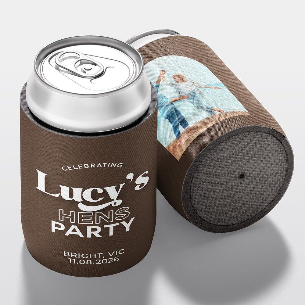 Personalised hens party stubby holder, Main Character design, custom can cooler, The Cheers Co Australia, bachelorette,