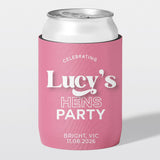 Personalised hens party stubby holder, Main Character design, custom can cooler, The Cheers Co Australia, bachelorette,