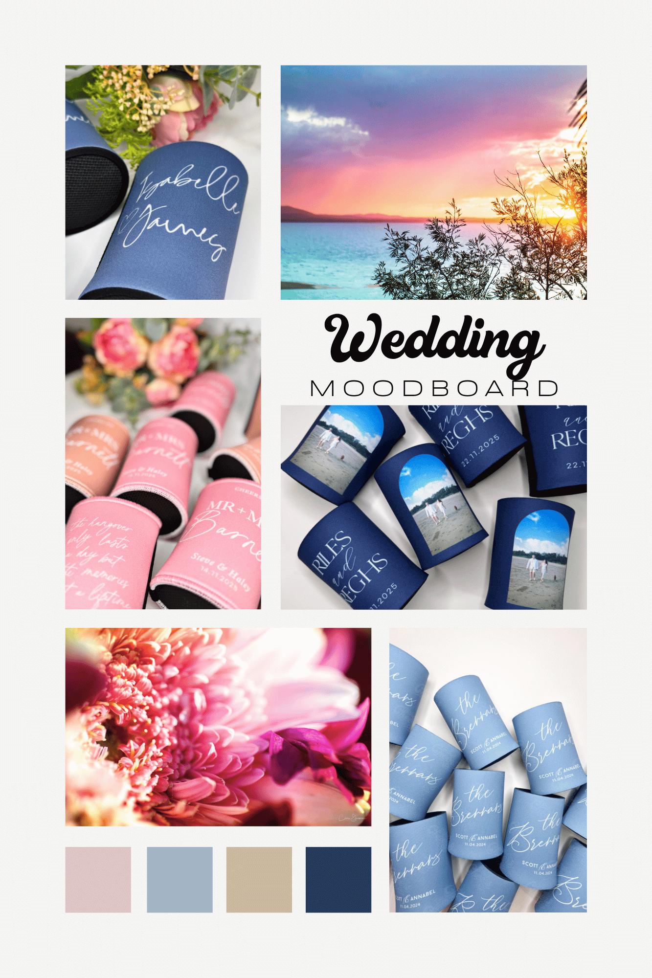 Collage of wedding-themed stubby coolers and scenery with text overlay.