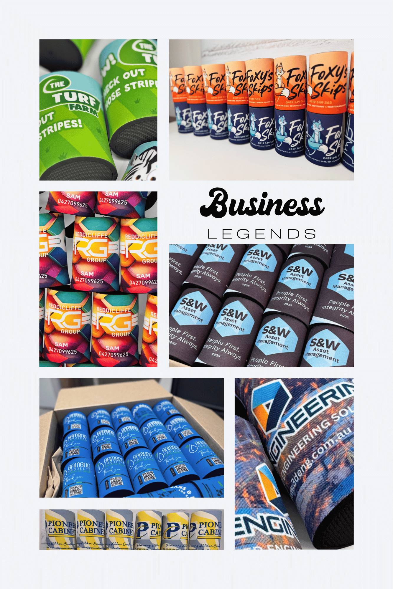Collage of various personalised business stubby coolers with different designs and text, set against a white background.