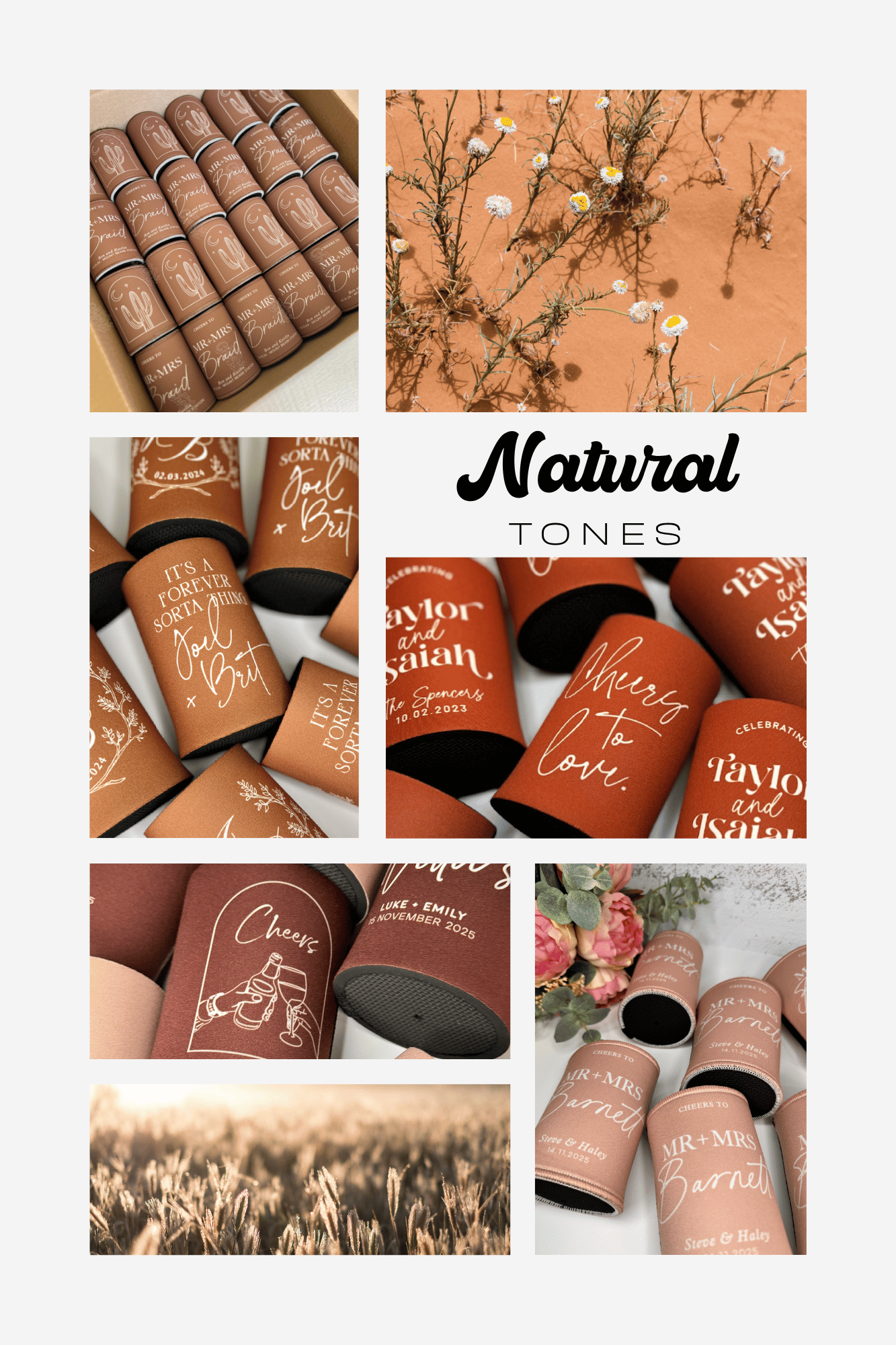 Collage of various personalised stubby coolers with different designs and text, set against a white background.