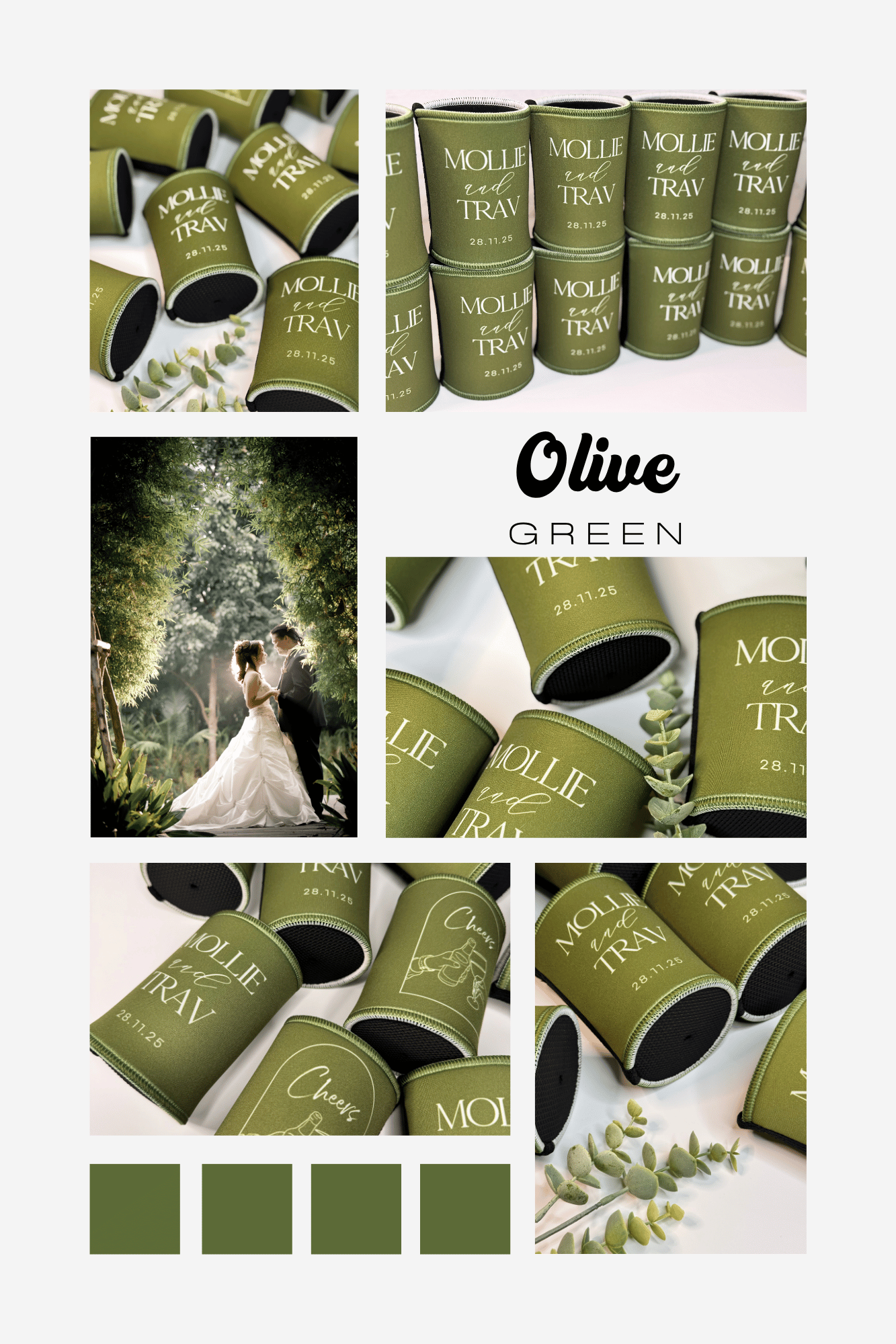 Collage of olive green personalised wedding stubby coolers