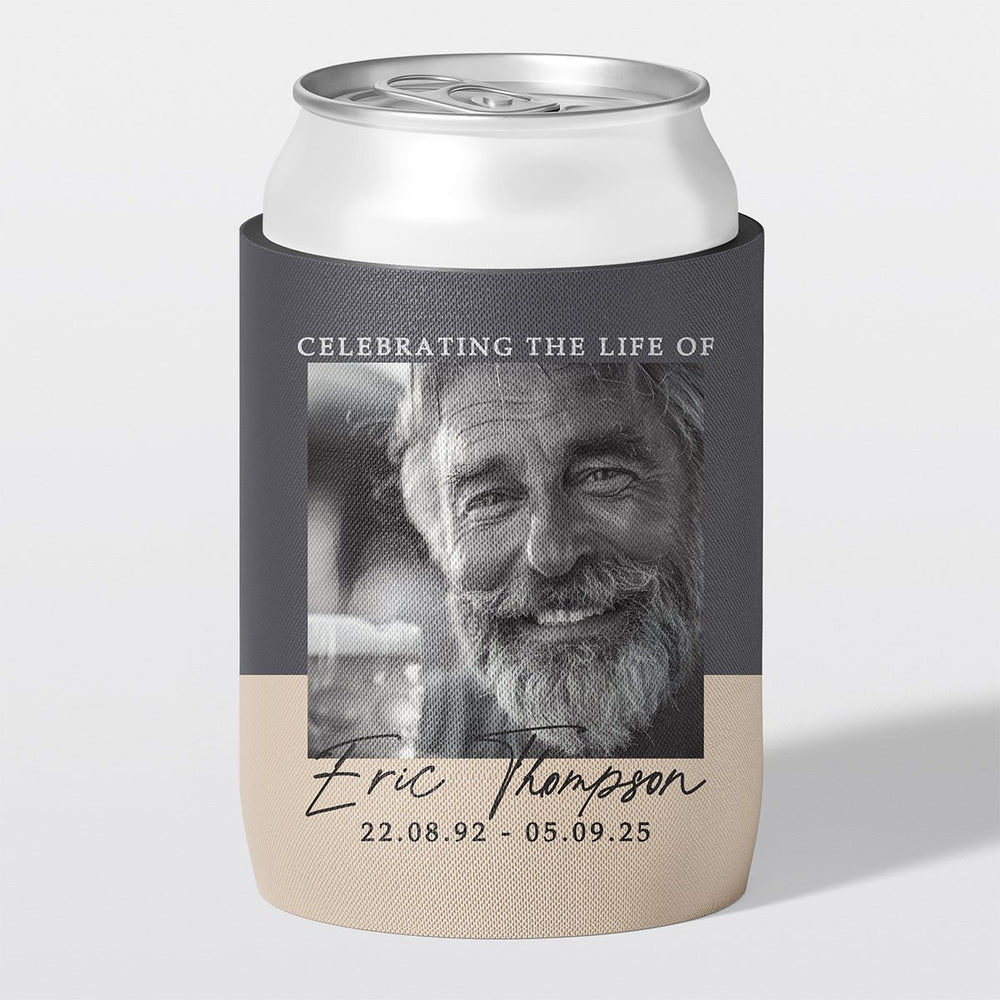 Personalised funeral stubby holder, Square Frame design, memorial can cooler, The Cheers Co Australia