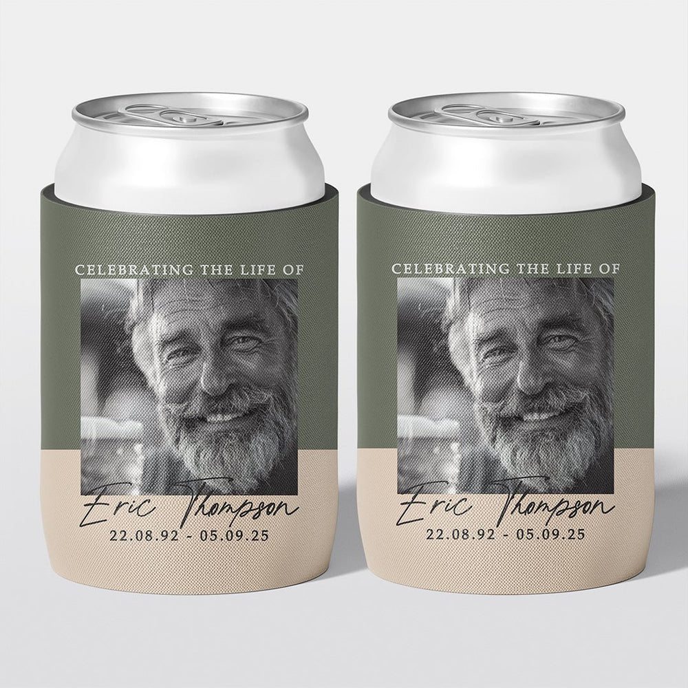 Personalised funeral stubby holder, Square Frame design, memorial can cooler, The Cheers Co Australia