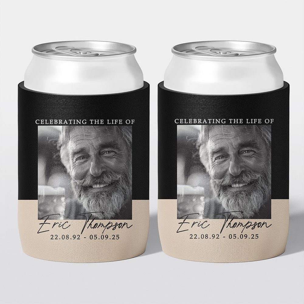 Personalised funeral stubby holder, Square Frame design, memorial can cooler, The Cheers Co Australia