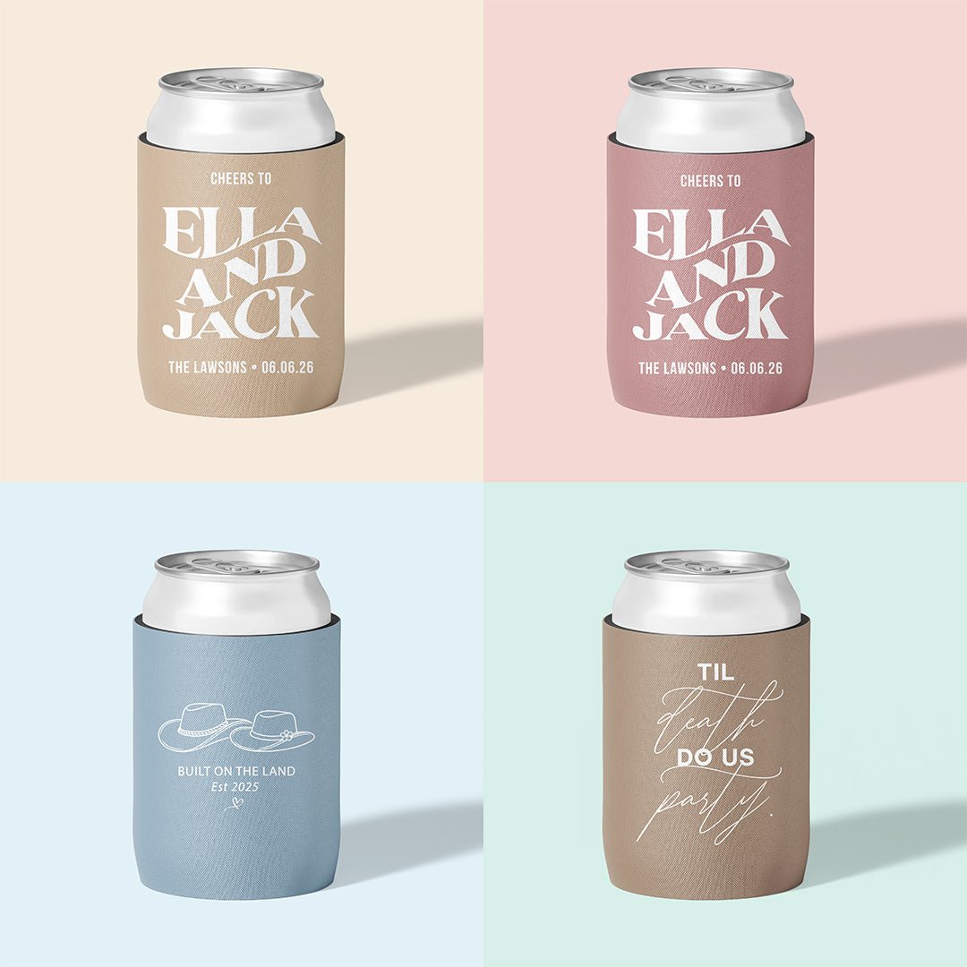 Personalised wedding stubby holder, The Block design, multiple colours, The Cheers Co Australia, Bold & Celebration