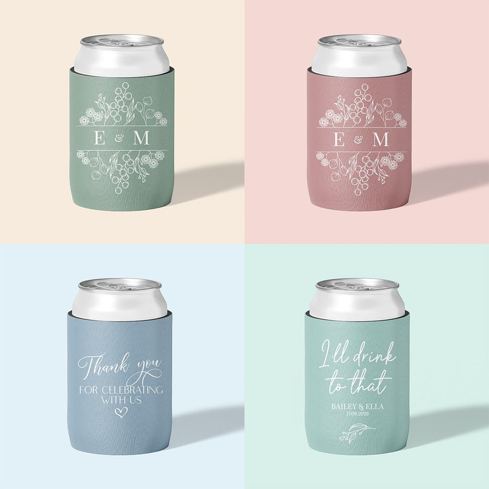 Personalised wedding stubby holder, The Botanical design, multiple colours, The Cheers Co Australia, Garden, Floral, Rustic,