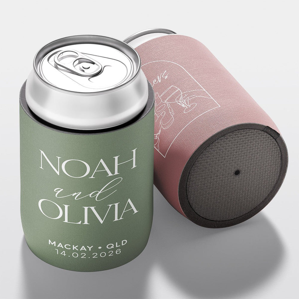 Personalised wedding stubby holder, The Capital design, multiple colours, The Cheers Co Australia, Coastal & Relaxed