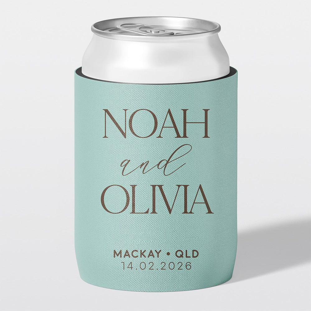 Personalised wedding stubby holder, The Capital design, The Cheers Co Australia, duck egg blue, Coastal & Relaxed