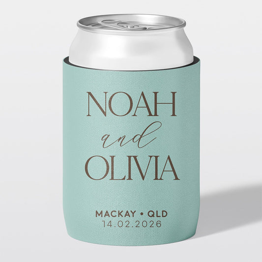 Personalised wedding stubby holder, The Capital design, The Cheers Co Australia, duck egg blue, Coastal & Relaxed