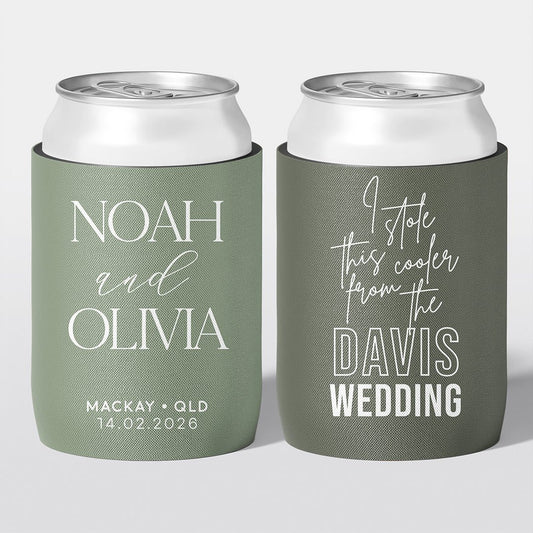 Personalised wedding stubby holder, The Capital design, multiple colours, The Cheers Co Australia, Coastal & Relaxed