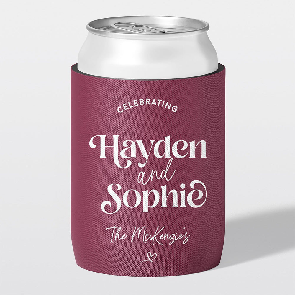 Personalised wedding stubby holder, The Celebration design, The Cheers Co Australia, burgundy, Garden & Floral