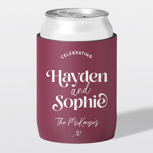 Personalised wedding stubby holder, The Celebration design, The Cheers Co Australia, burgundy, Garden & Floral