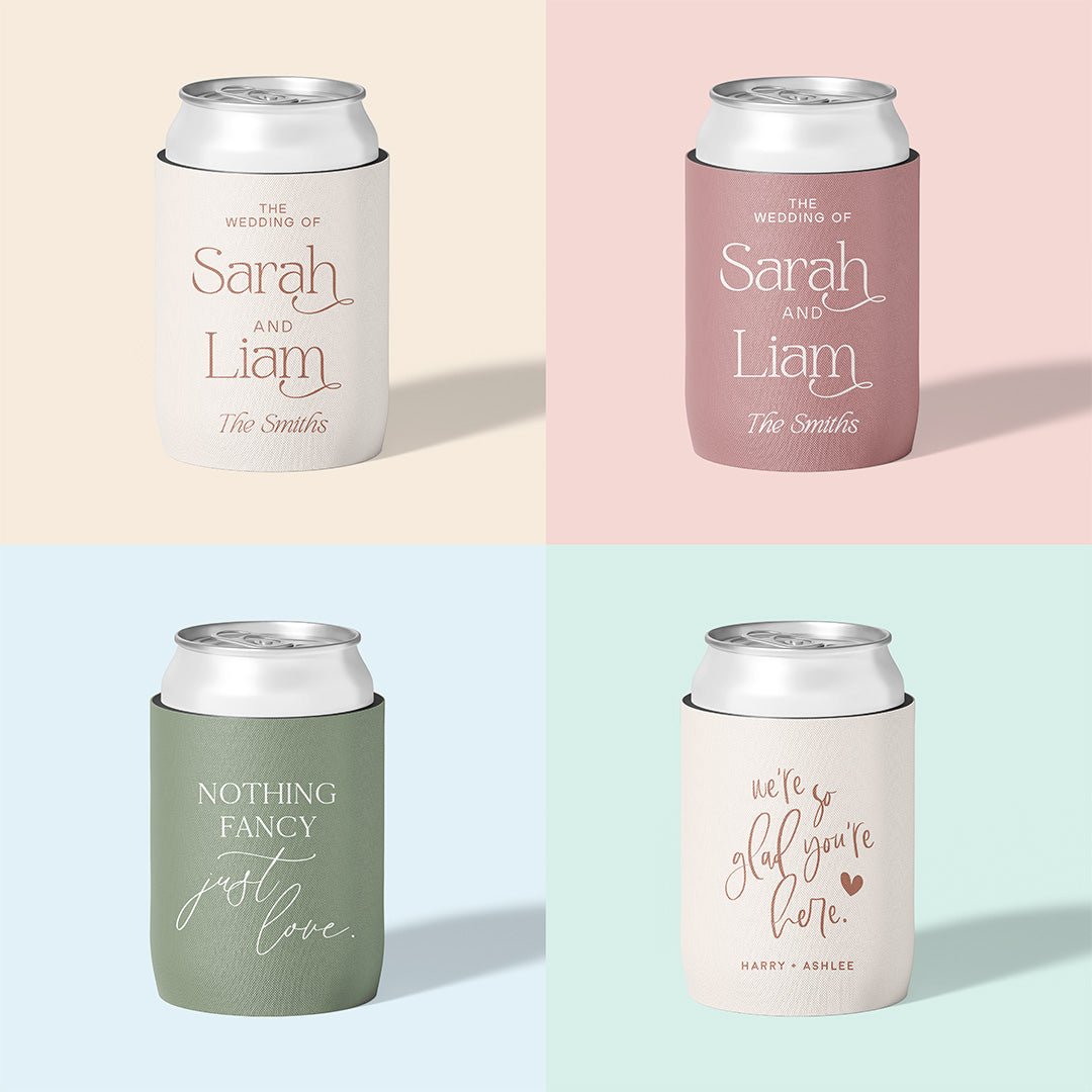 Personalised wedding stubby holder, The Classic design, multiple colours, The Cheers Co Australia