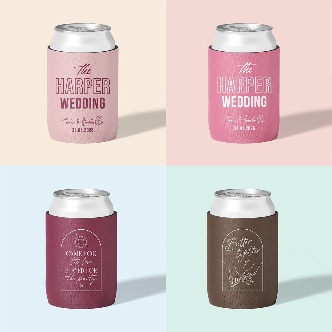 Personalised wedding stubby holder, The Editorial design, multiple colours, The Cheers Co Australia, Modern & Minimal, Bold