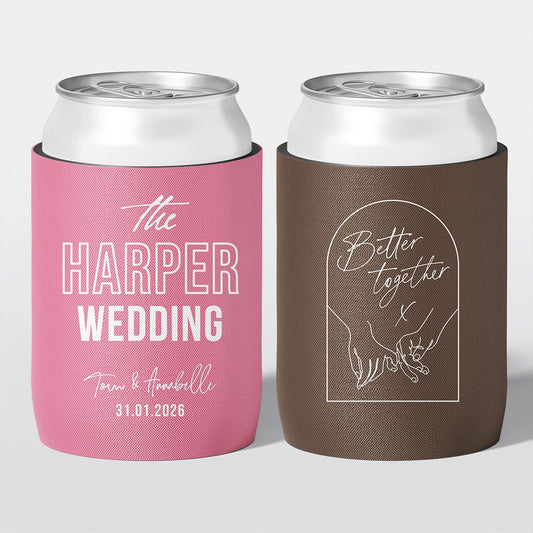 Personalised wedding stubby holder, The Editorial design, multiple colours, The Cheers Co Australia, Modern & Minimal, Bold