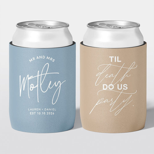 Personalised wedding stubby holder, The Flourish design, multiple colours, The Cheers Co Australia, Rustic & boho