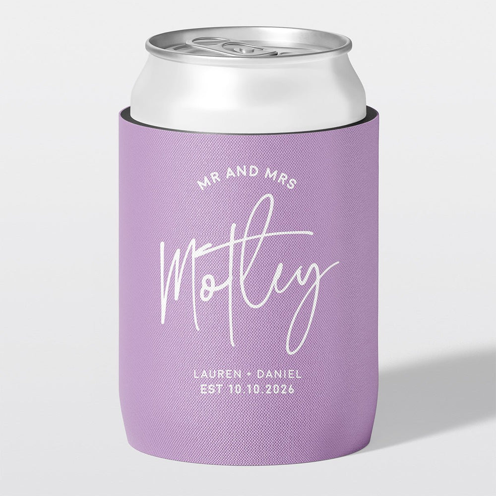 Personalised wedding stubby holder, The Flourish design, The Cheers Co Australia, Lilac, Rustic & Boho