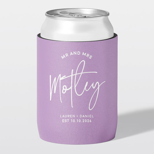 Personalised wedding stubby holder, The Flourish design, The Cheers Co Australia, Lilac, Rustic & Boho
