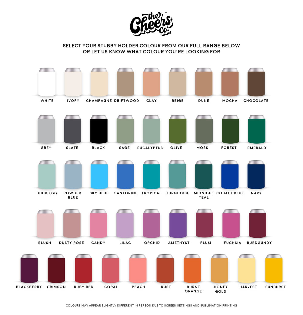 Stubby holder colour options chart, The Cheers Co