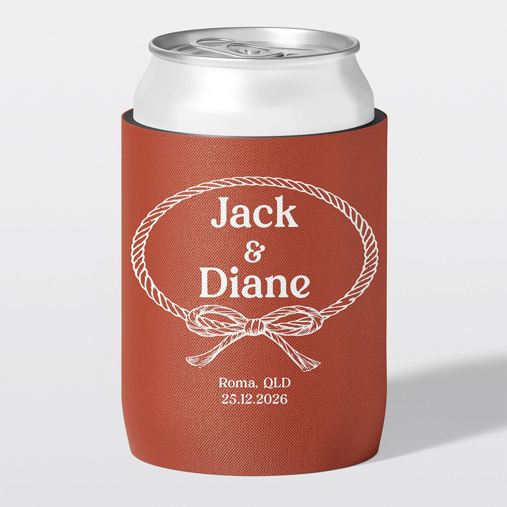 Personalised wedding stubby holder, The Knot design, The Cheers Co Australia, rust colour, Rustic & Boho, Coastal & Relaxed
