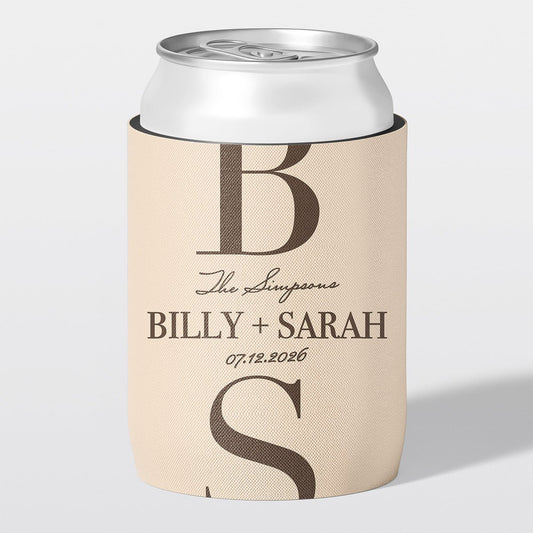 Personalised wedding stubby holder, The Monogram design, The Cheers Co Australia, champagne, chocolate, Modern & Minimal