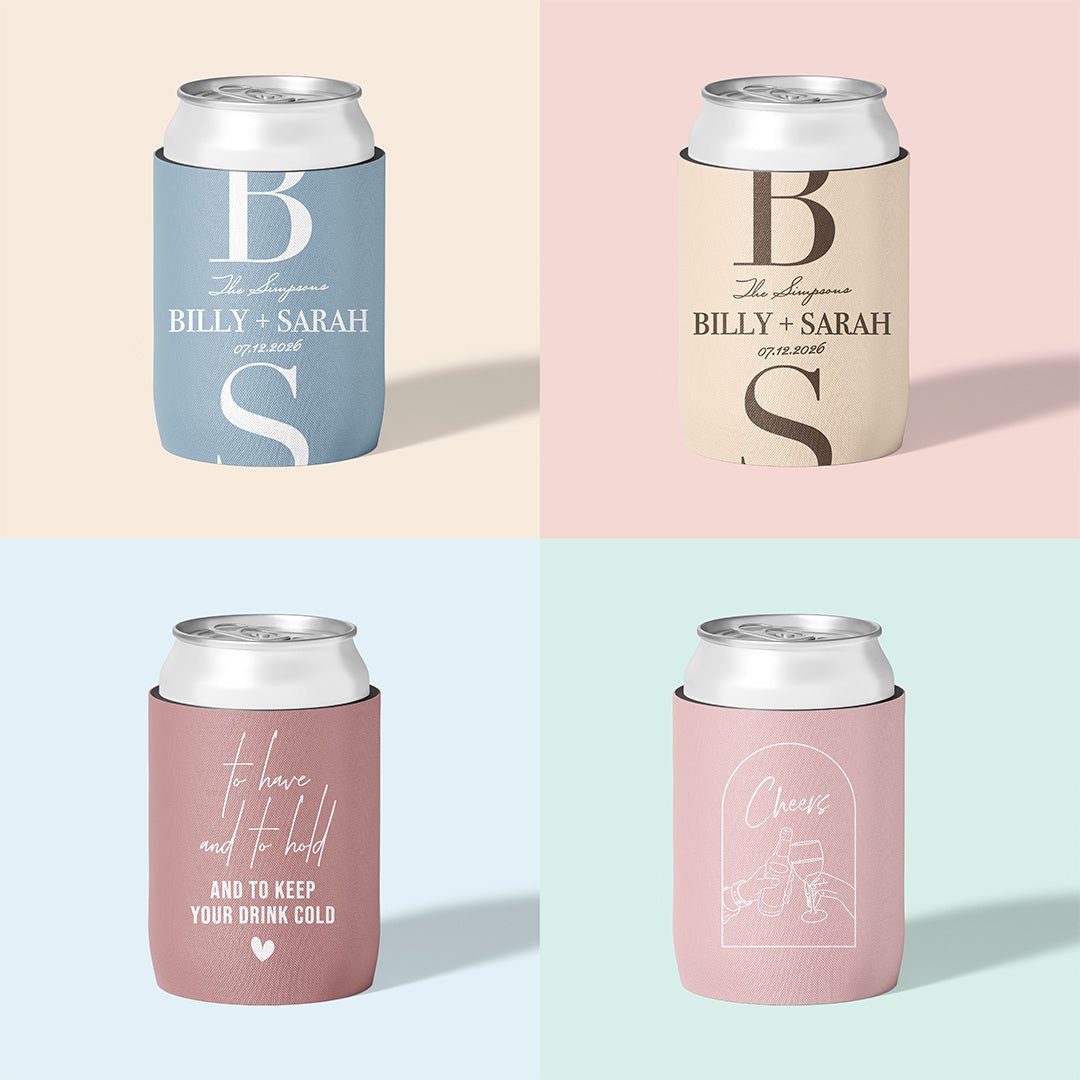 Personalised wedding stubby holder, The Monogram design, multiple colours, The Cheers Co Australia, Modern & Minimal