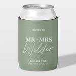 Custom wedding stubby holder, The Mr & Mrs design, sage green, timeless romance, The Cheers Co Australia