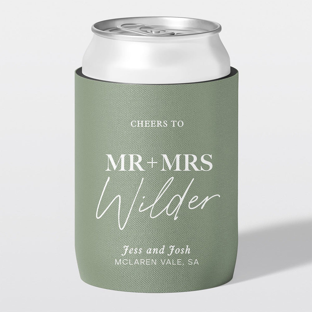 Custom wedding stubby holder, The Mr & Mrs design, sage green, timeless romance, The Cheers Co Australia