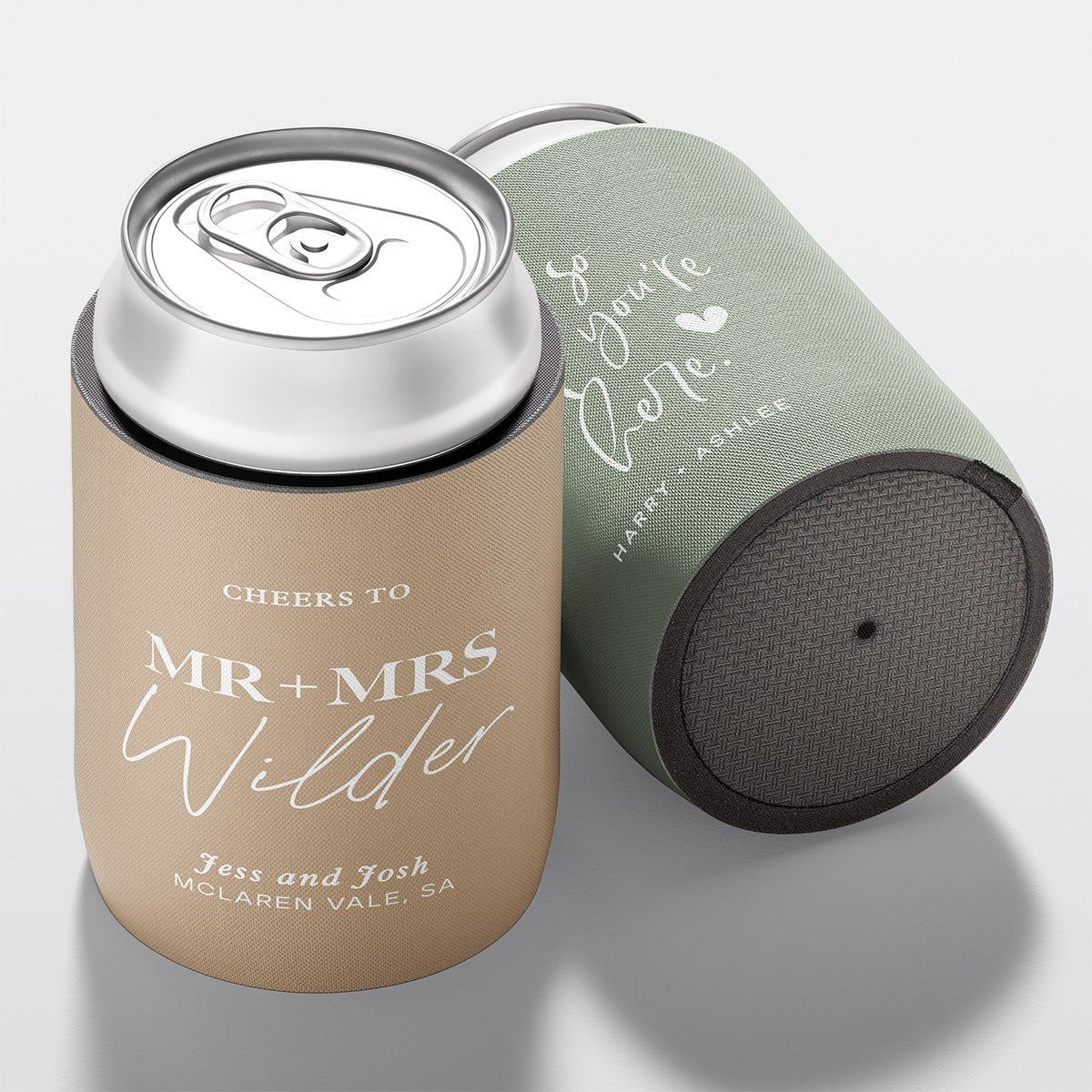 Personalised wedding stubby holder, The Mr & Mrs design, multiple colours, The Cheers Co Australia