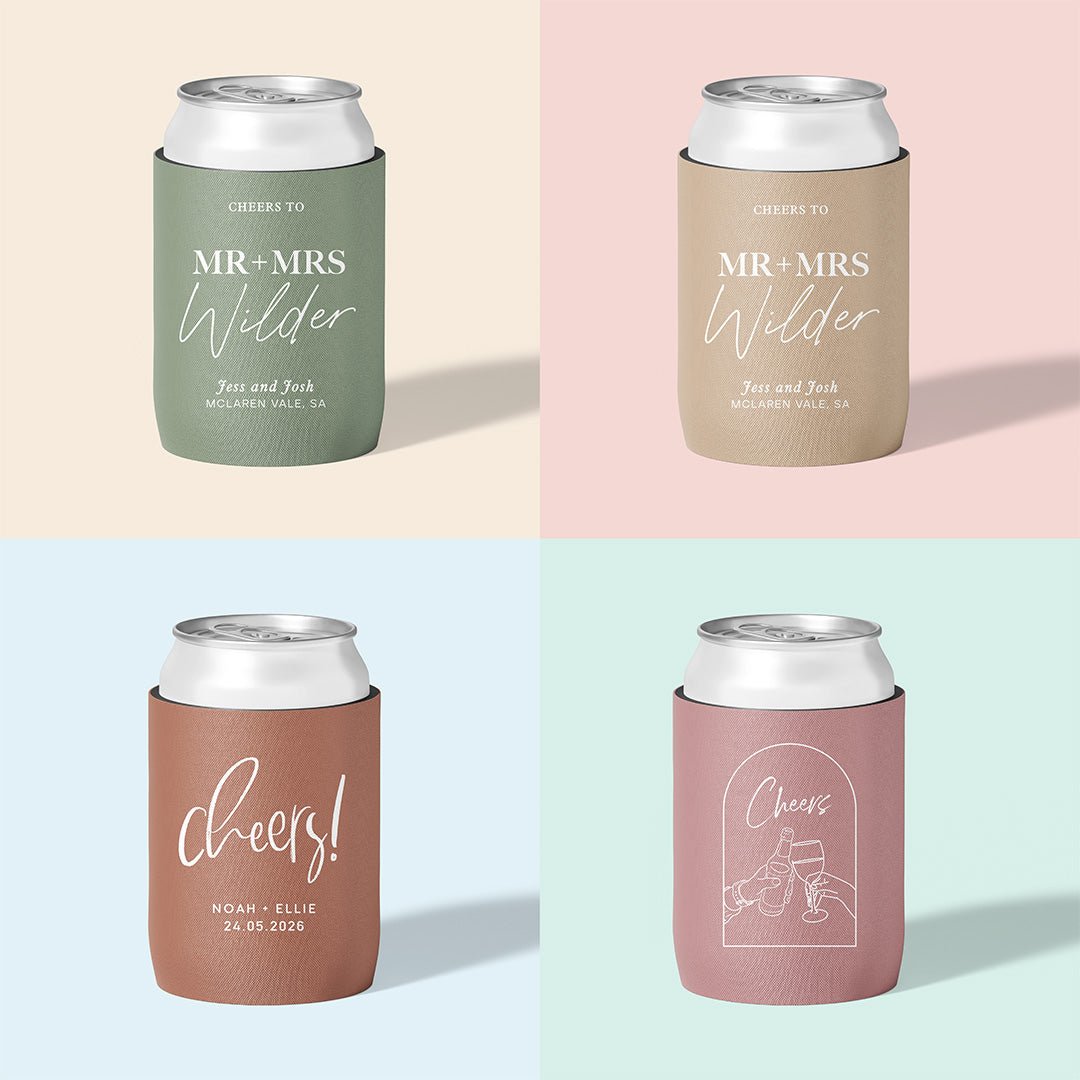 Personalised wedding stubby holder, The Mr & Mrs design, multiple colours, The Cheers Co Australia