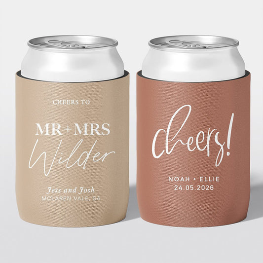 Personalised wedding stubby holder, The Mr & Mrs design, multiple colours, The Cheers Co Australia