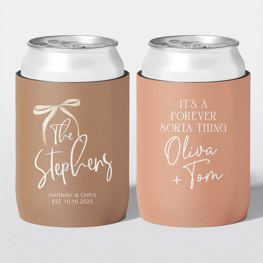 Personalised wedding stubby holder, The Ribbon design, multiple colours, The Cheers Co Australia, timeless romance