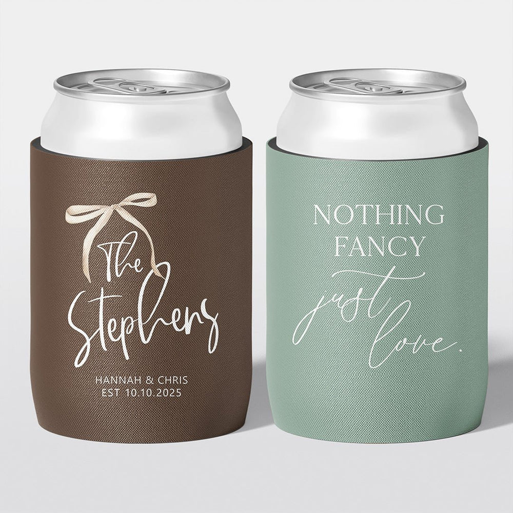 Personalised wedding stubby holder, The Ribbon design, multiple colours, The Cheers Co Australia, timeless romance