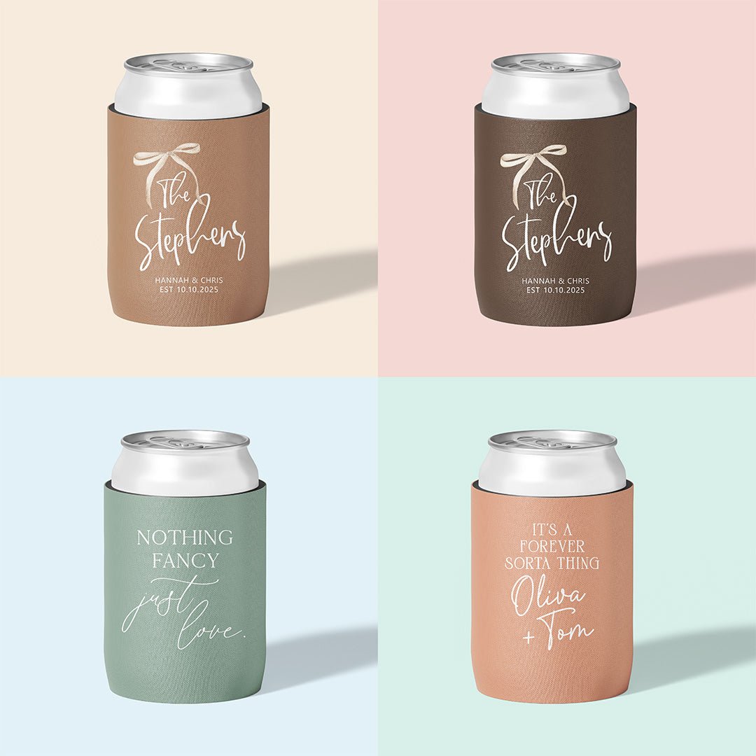 Personalised wedding stubby holder, The Ribbon design, multiple colours, The Cheers Co Australia, timeless romance