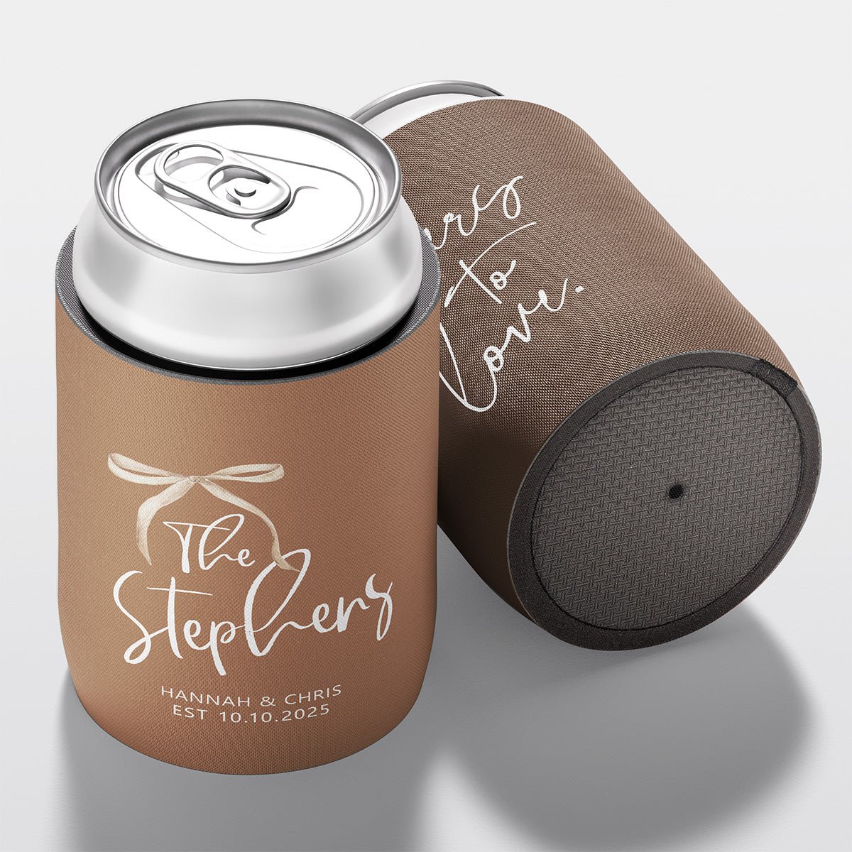 Personalised wedding stubby holder, The Ribbon design, multiple colours, The Cheers Co Australia, timeless romance