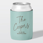 Personalised wedding stubby holder, The Signature design, The Cheers Co Australia, duck egg blue, Rustic & Boho, Coastal