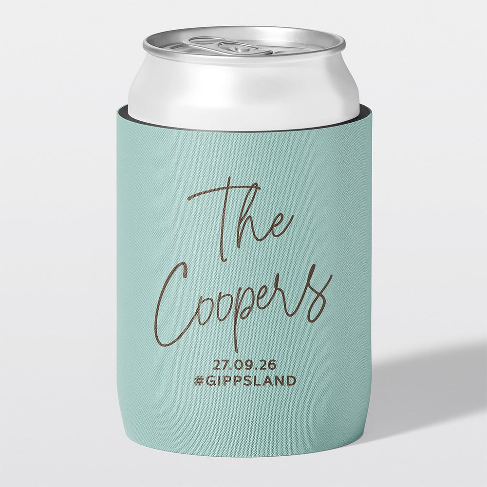 Personalised wedding stubby holder, The Signature design, The Cheers Co Australia, duck egg blue, Rustic & Boho, Coastal