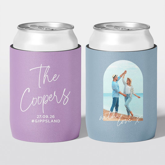Personalised wedding stubby holder, The Signature design, multiple colours, The Cheers Co Australia