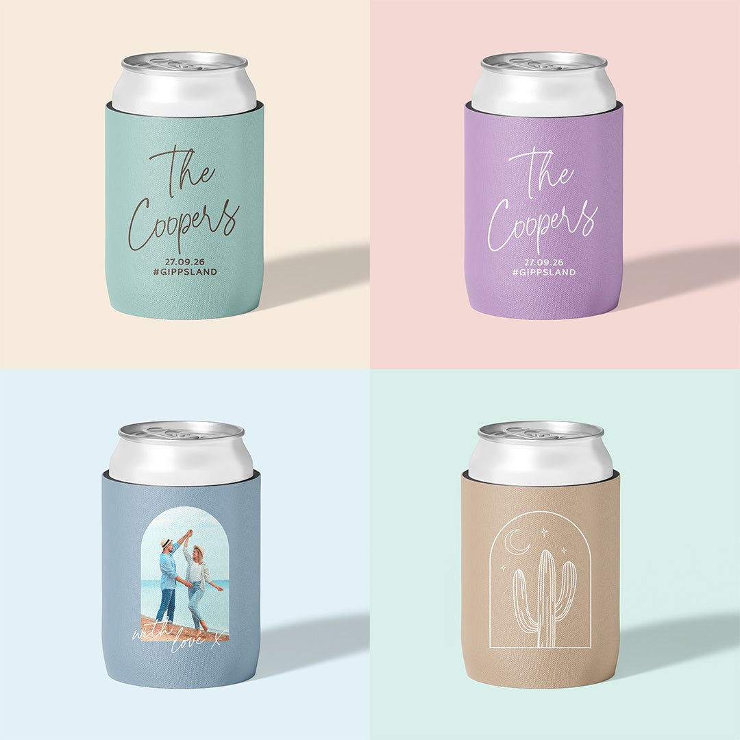 Personalised wedding stubby holder, The Signature design, multiple colours, The Cheers Co Australia