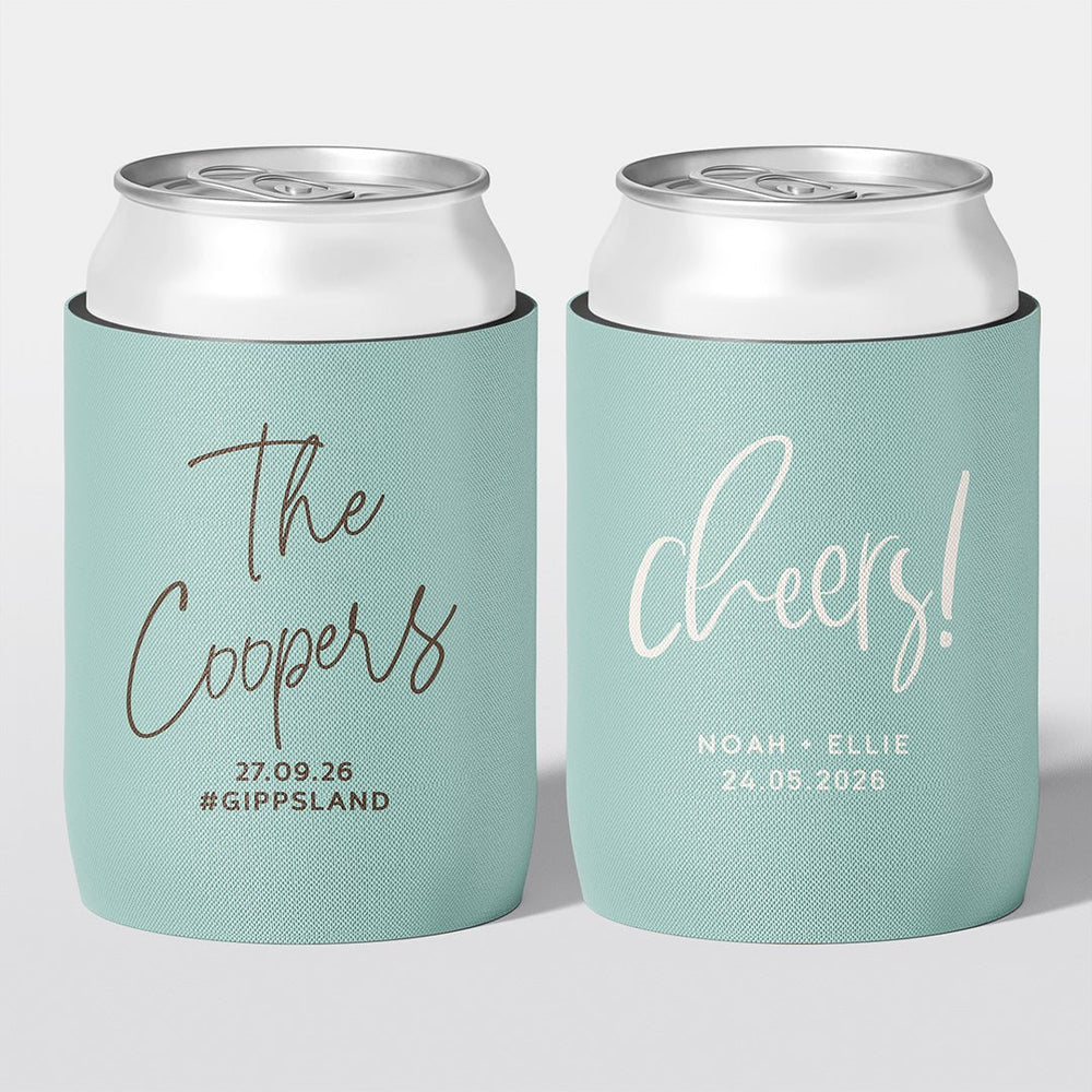 Personalised wedding stubby holder, The Signature design, multiple colours, The Cheers Co Australia