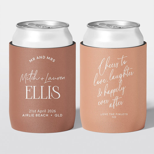 Personalised wedding stubby holder, The Statement design, multiple colours, The Cheers Co Australia,Coastal & Relaxed, Modern