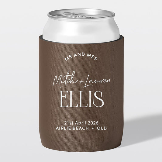 Personalised wedding stubby holder, The Statement design, The Cheers Co Au, Coastal & Relaxed, Modern & Minimal, chocolate