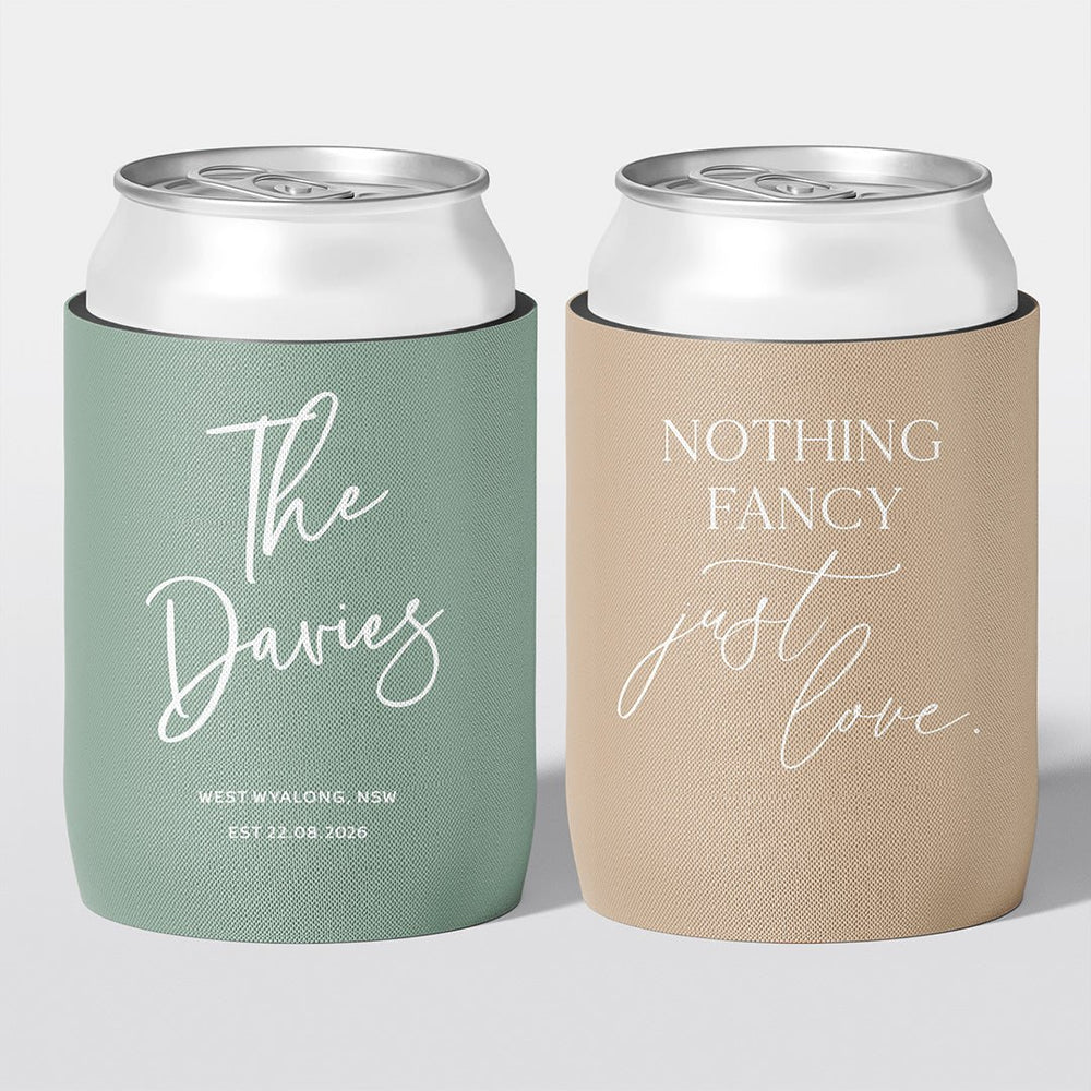 Personalised wedding stubby holder, The Surname design, multiple colours, The Cheers Co Australia, Timeless Romance