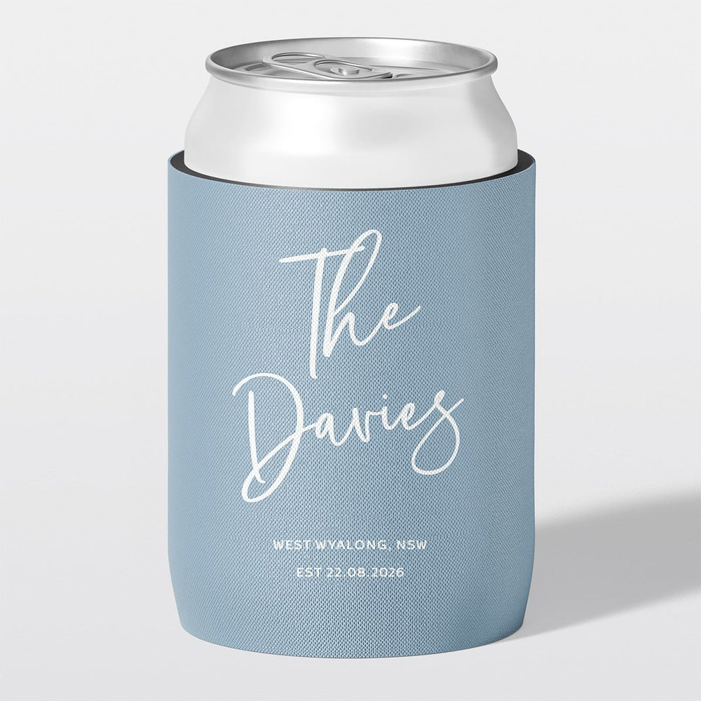 Personalised wedding stubby holder, The Surname design, The Cheers Co Australia, powder blue, Timeless Romance
