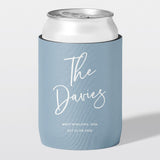 Personalised wedding stubby holder, The Surname design, The Cheers Co Australia, powder blue, Timeless Romance